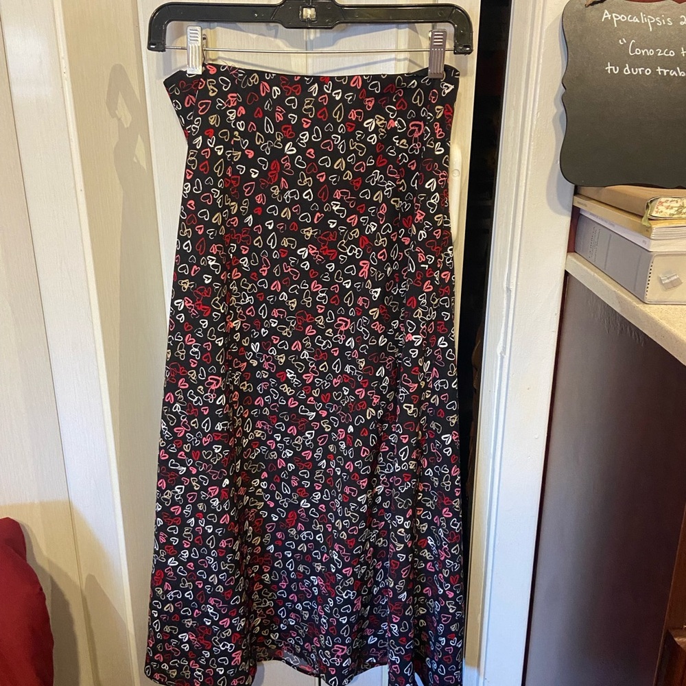 LOFT Black and Red Heart Pattern A-Line Skirt